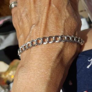 Genuine Solid Sterling Silver Double Loop Charm Bracelet 7.5" Chain Rhodium